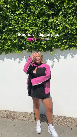 which do we like better? 🩷📸🏁🎀 jacket is @Revolve and im obsessed  #iphonevscamera #iphonevsdigitalcamera #g7x #canong7xmarkii #picinspo 