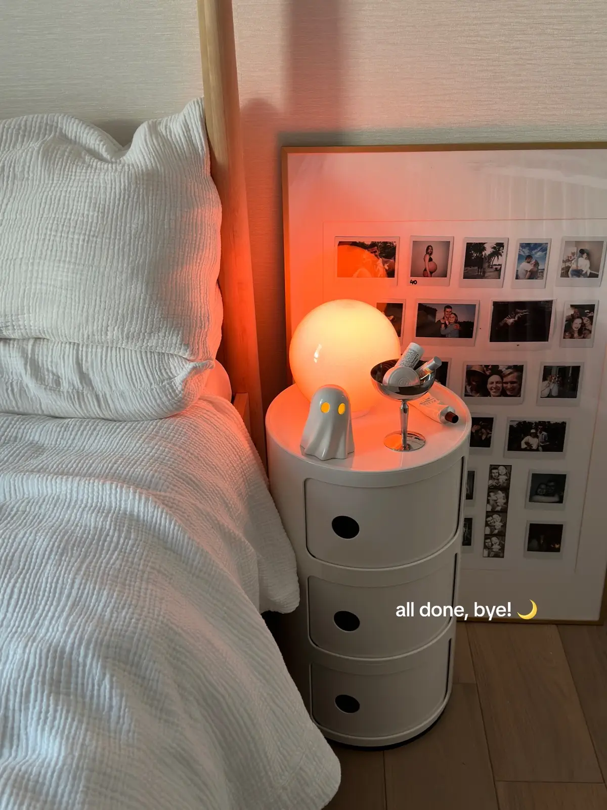 Let’s organize my nightstand with me 💫 this light from IKEA makes the whole room so cozy