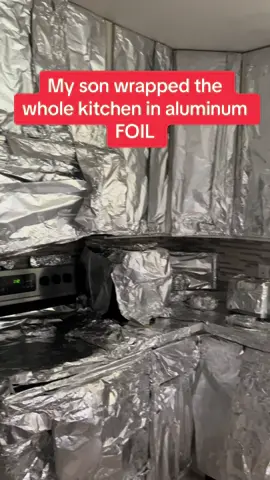 How many hours did it tahe to wrap the entire kitchen in aluminum foil? 🩶 #shocked #funny #funnyvideos #foryou #foryoupage #foryourpage 