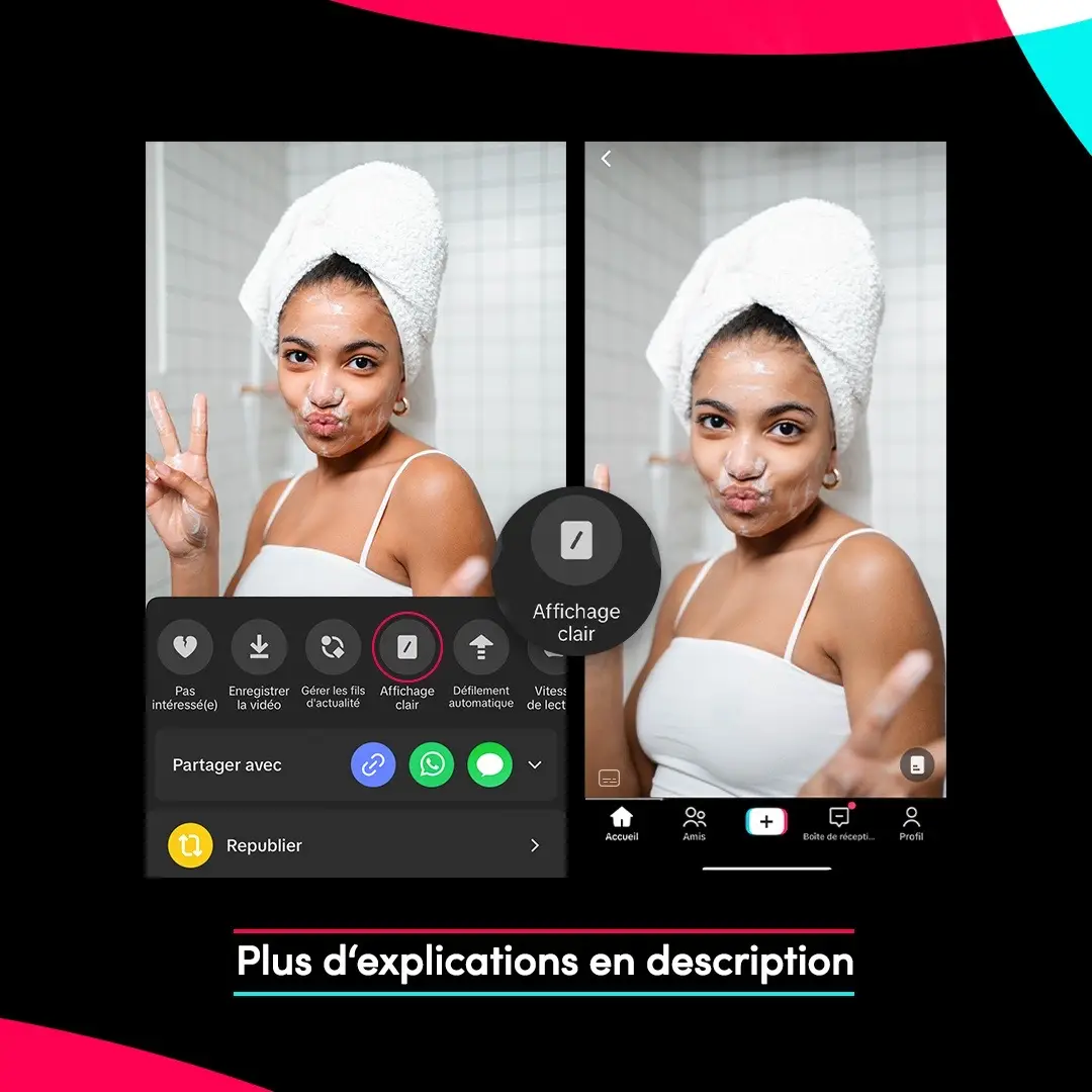 petit tips pour profiter pleinement de tes pour toi ! 🤓🎁 👉 rends-toi sur une vidéo 👉 appuie longtemps sur celle-ci  👉 la fenêtre d’options s’ouvre, et tu trouveras l’icône « affichage clair »  👉 et voilà ! Tu peux voir les vidéos en full screen 🫶