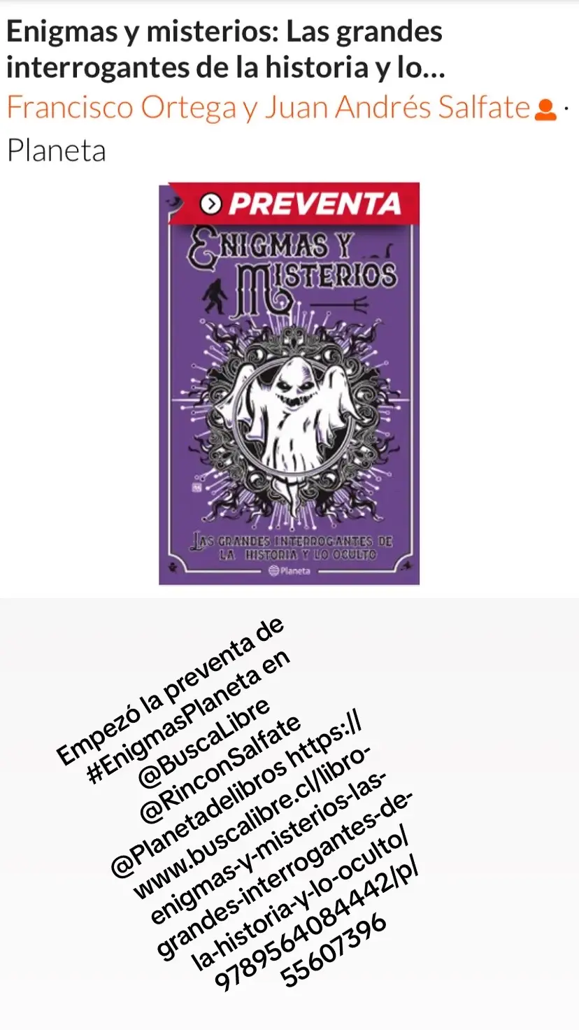 Empezó la preventa de #EnigmasPlaneta en @BuscaLibre @Juan Andrés Salfate @PlanetadeLibros.com https://www.buscalibre.cl/libro-enigmas-y-misterios-las-grandes-interrogantes-de-la-historia-y-lo-oculto/9789564084442/p/55607396