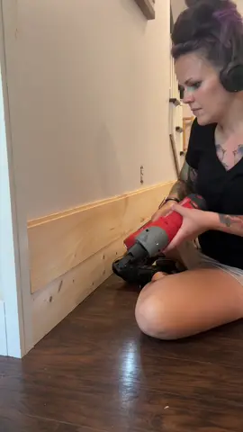 #asmr version of installing shiplap 😂 now just needs caulk and paint. @Lowe’s @Home Depot @RYOBI Tools USA @Milwaukee Tool #ryobi #homedepot #milwaukeetools #lowes #DIY #shiplap #accentwall #girlbuilt 