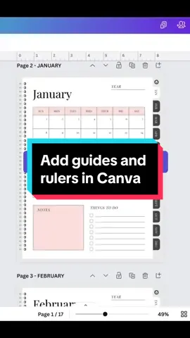 Canva tips only the pros know: Use guides and rulers in your design to make sure your layout is precise and aligned. This is a great tool to use when creating digital planners. #canva #canvahacks #digitalplanner #canvatutorial #digitalproducts 