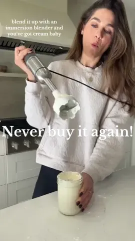 Why buy whipped cream when you can make homemade in seconds? love making whipped cream in a wide mouth mason jar because the head of the immersion blender fits right in. Prep, serve and store right in the jar. Follow for lots more tips!  #whippedcream #homemade #cream #howtocook #howto #tutorial 