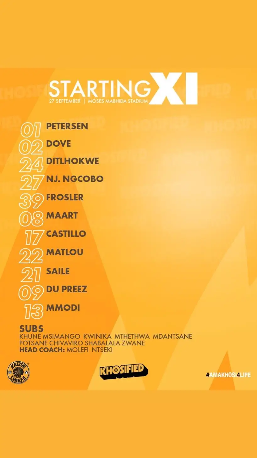 #kaizerchiefs line-up vs Sekhukhune tonight at 19:30 #dstvpremiership 