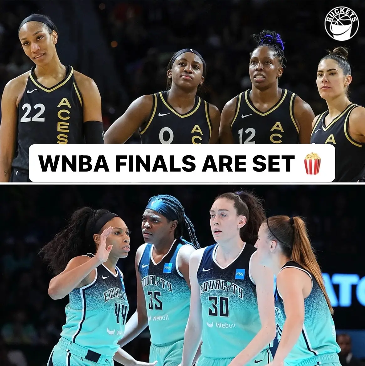 it’s about to be a wnba finals for the ages!! las vegas aces vs. new york liberty is set. vegas will be looking to go back-to-back while new york has reached the finals for the 1st time since 2002. liberty took the season series 3-2 but all wins came by double digits. safe to say we can expect anything in this showdown between superteams. who you think will come out on top? comment your thoughts! ⬇️