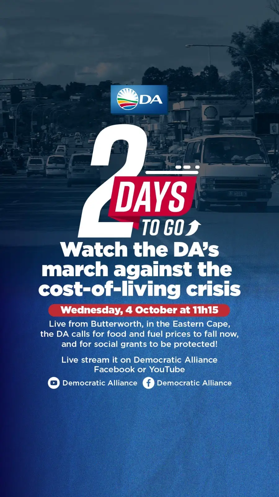 📢  The DA will lead a march through Butterworth in the Eastern Cape on the 4th of October in protest of the escalating cost-of-living crisis. SA is suffering, but it doesn’t have to be this way. The DA has solutions! 🇿🇦 Get help registering to vote now at https://check.da.org.za