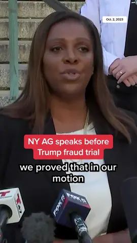 New York Attorney General Letitia James speaks outside of the court house where Donald Trump is set to stand civil trial for fraud charges related to his various businesses.