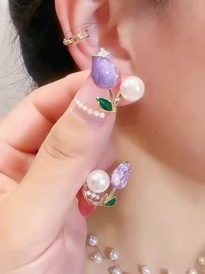 🔥S925 Silver Needle Pearl Purple Tulip Earrings✨ #fyp #foruyou#earring #earrings #jewelry #gift #giftideas #giftforher