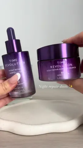 @Missha US Nigh Repair Duos 💜 Their Night Repair Ampoule is formulated with 10 different probiotics to help strengthen and nourishes skin. It helps to improves skin elasticity and moisturize overnight  Night Repair Cream helps to improves the skin’s moisture barrier while leaving your skin super hydrated and soft. The texture is smooth, silky and I love that it doesn’t contain any fragrance.  . . . . #misshaus #goodnightnglow #koreanskincare #BeautyReview #skincarereview #sensitiveskin #skinbarrier #smoothskin #contentcreator #ugccreator #skincareglowing #glassskin #nighttimeroutine #fallskincare #clearskin