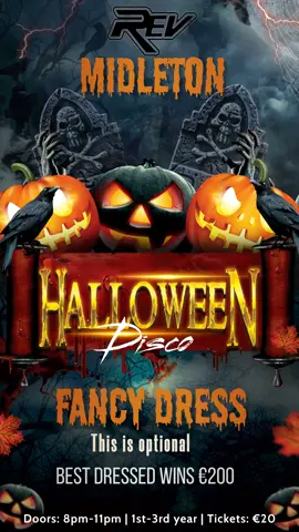 🪩 Free Ticket Give Away 🪩 Want to win 2 Free Passes to Rev Midleton Halloween Disco this is for secondary school students only on Friday  October 27th  1. Simply Love this status 2. Tag a friend  3.Share this post  Tickets go on sale now 👇 https://www.revdiscos.ie/tickets/Winner announced two days before the disco If you already purchased you can get a refund or transferred over to the next disco #fyp #revdiscos #irishteenagediscos #foryoupage #teenagediscos #halloween #fancydress #midleton 