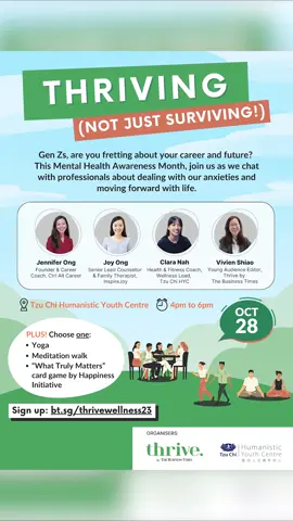 Feeling anxious about your future? Come join us on Oct 28 as we chat with professionals like Clara (also a Gen Z!), a personal coach and wellness lead, as we figure out what truly matters. 🌱 🔗 Sign up: bt.sg/thrivewellness23 (link in bio) #fyp #tiktoksg #thriveBT #thriveBTlife #singaporeevents
