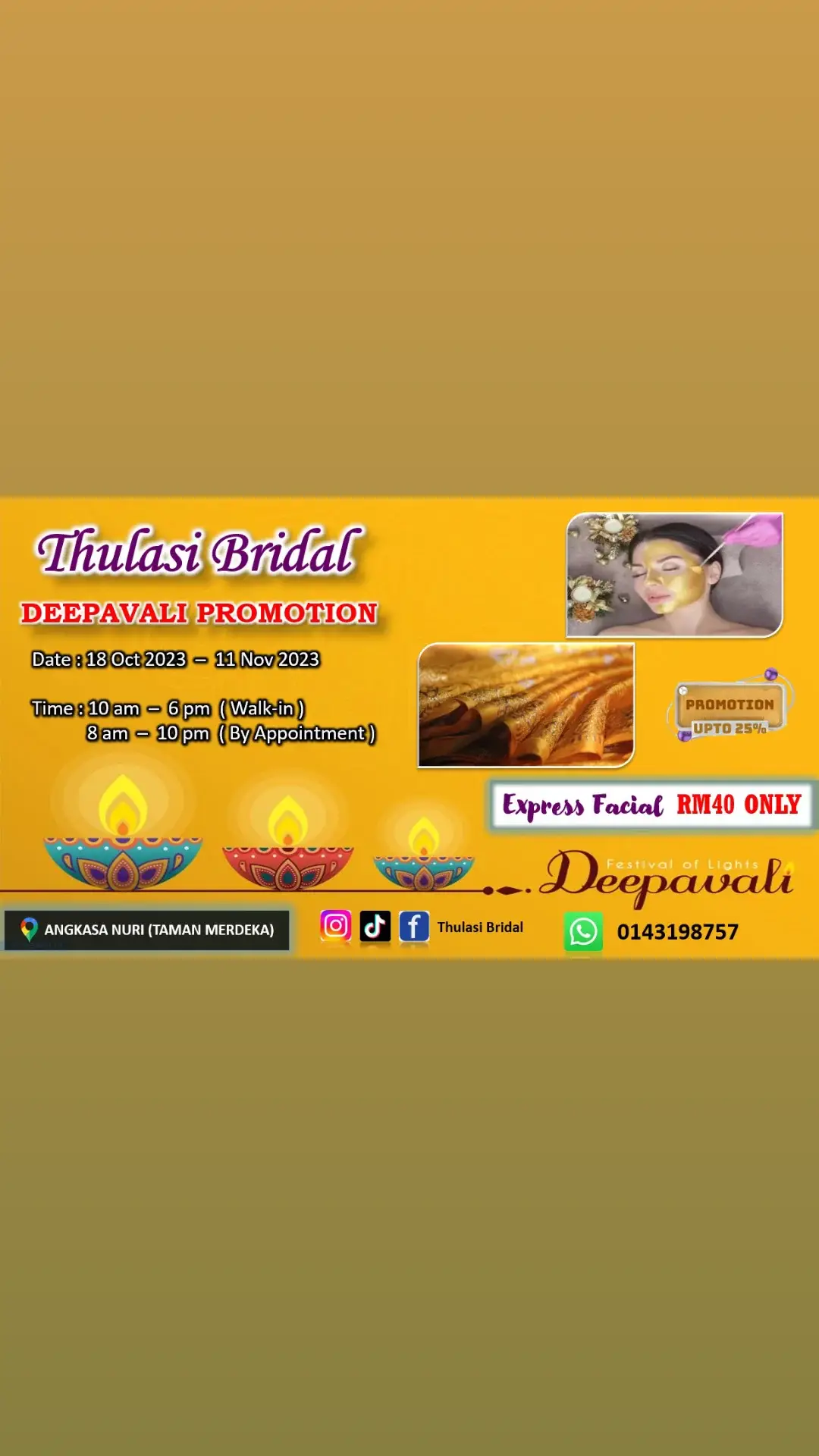 #deepavalipromo2023 #thulasibridal #facial #threadingeyebrows ##waxing #fullfacethreading #melaka #fyp #sareeprepleating #muamelaka 