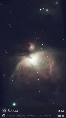 Did a quick test this morning as I was getting ready for work. Grabbed the SeeStar S50 and set it up in the backyard where I could see the target I was going to test it on. This was a 15min test on M42 The Orion Nebula. just had a small window before the sun wouod start rising. #astronerds #astrophotography #zwo #seestars50 #nebula 