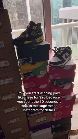 Only $20 to enter, message me on Instagram for details so you can win the next pair! #fyp #sneakerhead #nike #jordan #nikesb #nikedunk #jordans #yeezy #jordan1 #airforce1 #sneakers #sneakerheads #sneakertok #sneakersaddict #sneakercollection #SmallBusiness #shoes #shopping 