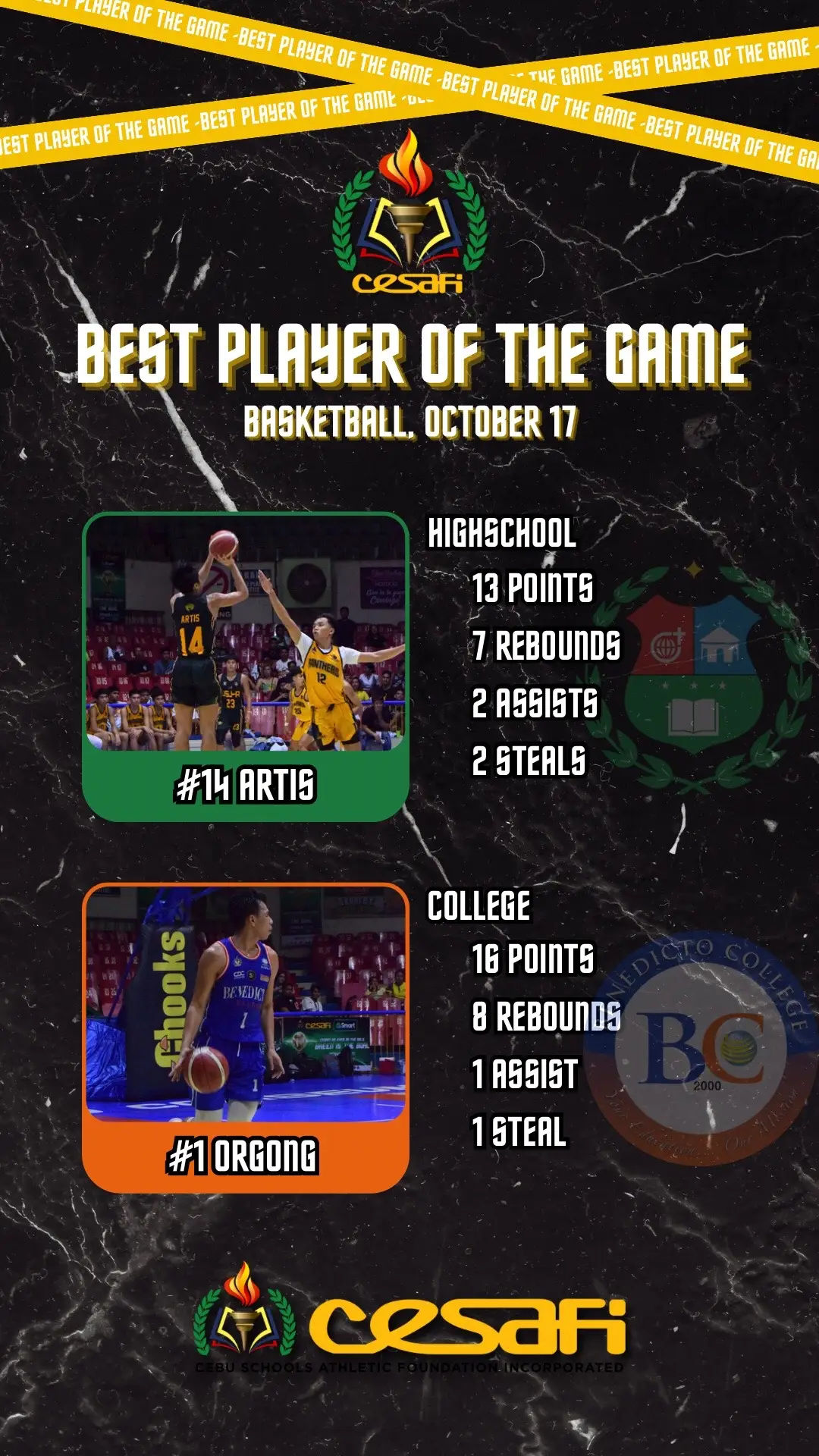 Basketball best player of the game for highschool and college from USC Baby Warriors and BC Cheetahs, October 17 matches. #CESAFISeason23 #CESAFI #EyeOnTheGoldGreenIsTheGoal 