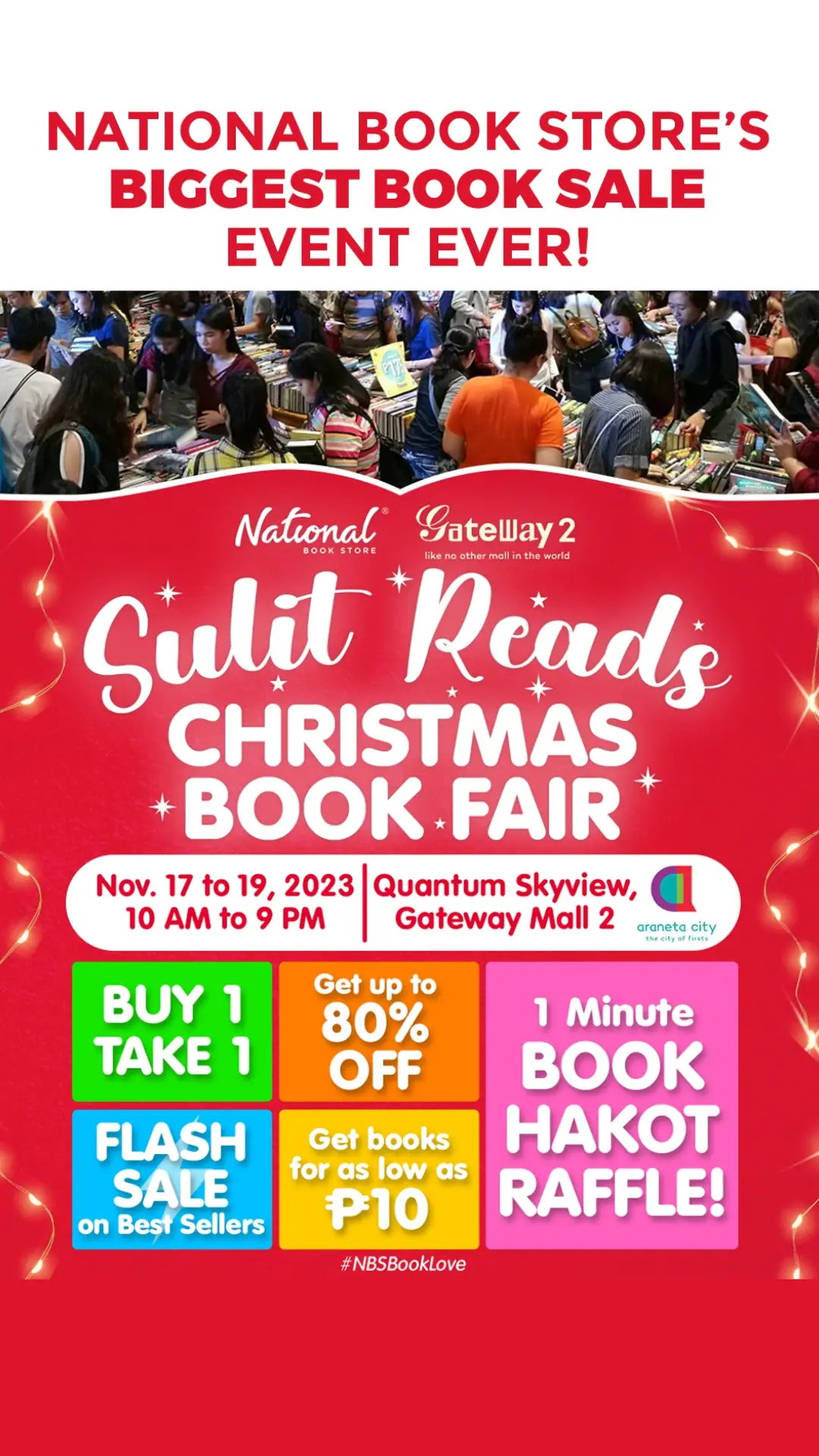 Save the date for #NationalBookStore's BIGGEST BOOK SALE EVENT EVER: the Sulit Reads Christmas Book Fair! 🎄📚🛒 ‼ FREE ADMISSION. RSVP NOW: bit.ly/nbssrcbf. ‼ Special thanks to Gateway Mall. #Christmas #BookFair #NBSevents #NBSBookLove #TikTok #TikTokPH 