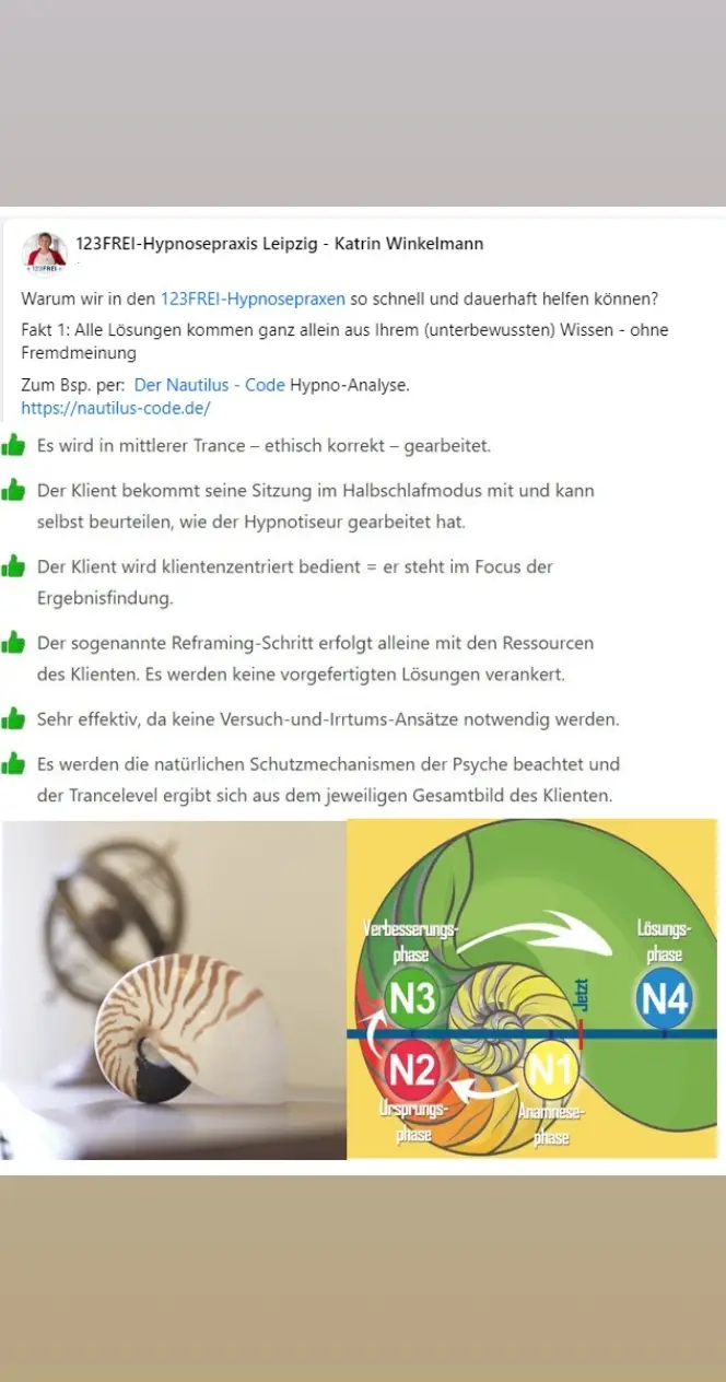 Warum wir in den 123FREI-Hypnosepraxen /  www.123FREI.de /so schnell und dauerhaft helfen können? Fakt 1: Alle Lösungen kommen ganz allein aus Ihrem (unterbewussten) Wissen - ohne Fremdmeinung Zum Bsp. per:  Der Nautilus - Code Hypno-Analyse. https://nautilus-code.de/ #Hypnoseausbildung #hypnosesekurs #hypnosepraxis #Hypnose 