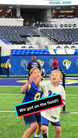 We got to play on the field at Sofi Stadium! Amazing opportunity that the @Los Angeles Rams provided for the season ticket holders. Thank you! #KidsSportsReporters #kidsplayingfootball #NFL #rams 