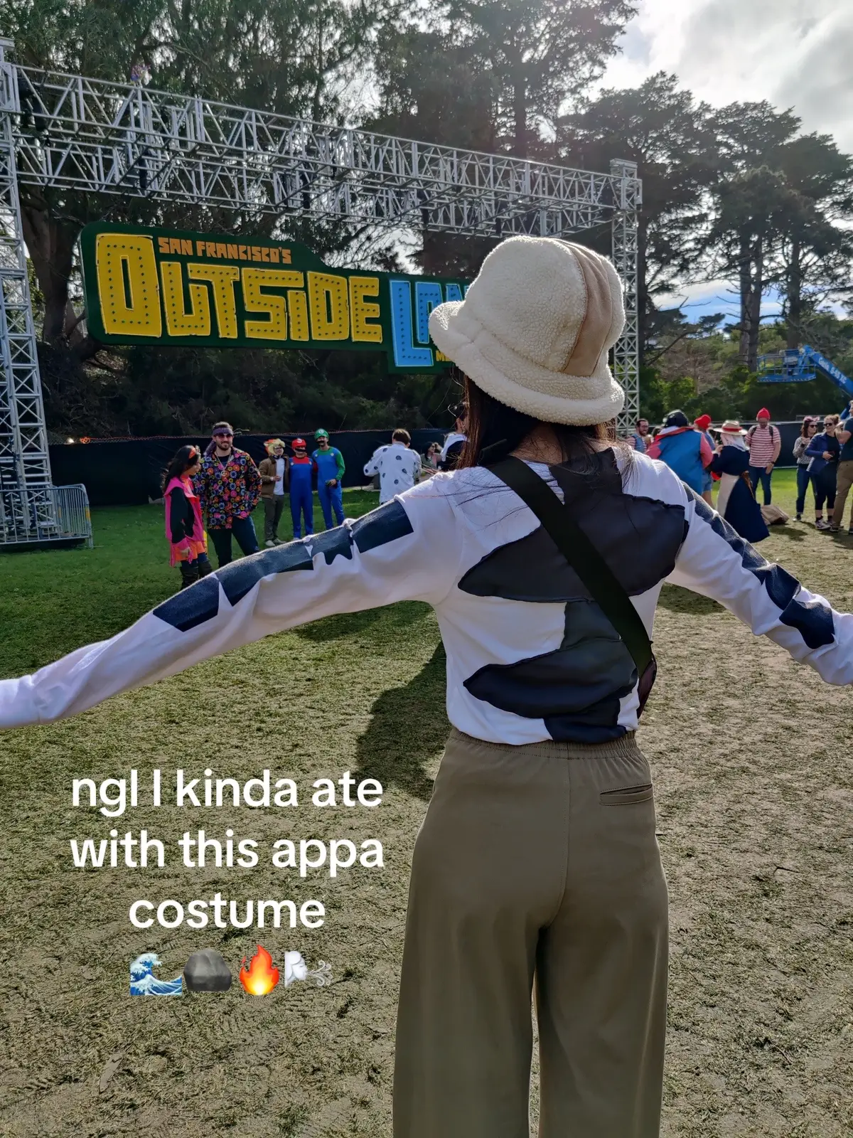 sewed the shirt two hours before leavjng for outside lands #appacostume #appaavatarthelastairbender #subtleasiantraits #asianhalloween #lastminutecostume 