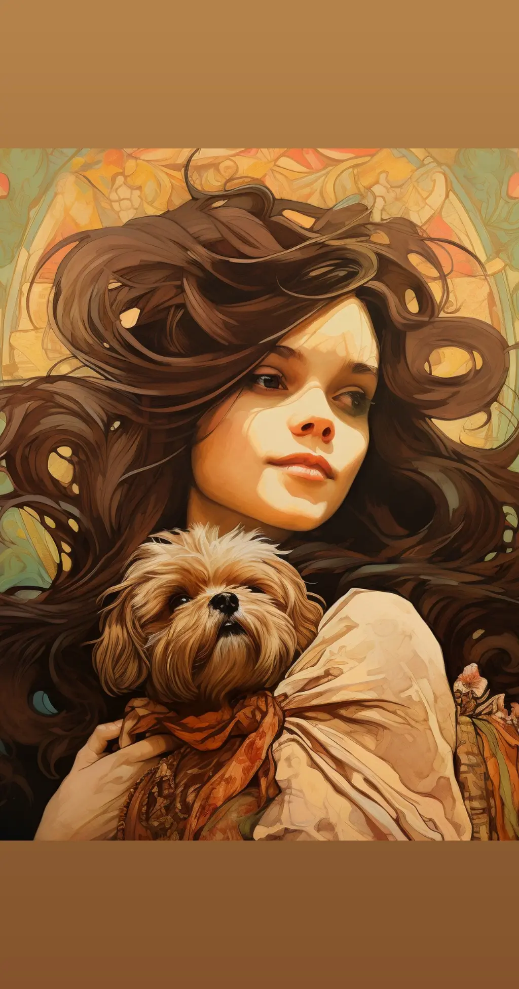 I created #aiart to print on canvas using a pic of my dog and an  #alphonsemucha poster #midjourney 