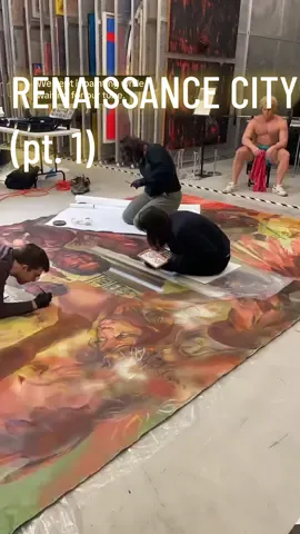 1/2. I’ll post the next part tomorrow to coincide wirh the opening of the show! 🎉 1) Three versions of Foster’s model, Oliver L. Bates; 2) A phoenix representing Detroit’s rebirth; 3) Vanessa, a dance teacher, and Jaxon as a child referencing Liberty Leading the People by Delacroix; 4) depiction of Putto with a Dolphin by Andrea del Verrocchio, ca. 1465/1480, bronze, Museo di Palazzo Vecchio;  5) a child, who represents innocence, playing with a black and white demon, which have racial undertones; 6) workers representing progress in the city; 7) the University of Detroit Mercy Memorial Tower; 8) the Renaissance Center; 9) the Wayne County Building; 10) the James Scott Memorial Fountain; 11) possibly the Masonic temple; 12) the Fisher building. LeRoy Foster, “Renaissance City,” 1978, 184” x 118.5,” likely oil on canvas, collection of Cass Tech, Detroit, MI. Treated for LeRoy Foster: Solo Show, Cranbrook Art Museum, Bloomfield Hills, MI, 10-18-23 to 3-3-24.  #artconservation #conservation  #artrestoration #restoration #preservation #realism #detroit #detroitcity #detroitartist #blackart #blackartist #painting #mural #oiloncanvas #fineart #lostart #rediscovered #renaissance #renaissanceart