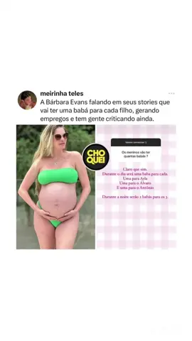 Bárbara Evans, campeã de A Fazenda 6 que está grávida de gêmeos, respondeu que os meninos terão babá. Ela contou que durante o dia, terá uma babá para cada um, e à noite, terá duas babás para seus três filhos. No total seria 5 babás. QUE MÁXIMO! #barbaraevans #famosos #baba #trigemeos #noticias #viralizou 