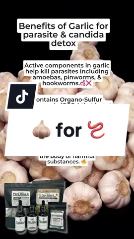 Parasite Elimination: Active components like allicin and ajoene in garlic help kill various parasites including amoebas, pinworms, and hookworms​​. Organo-Sulfur Compounds (OSCs): Boosts detoxification enzymes and increases levels of glutathione and sulfur, essential for effective detoxification​​. Toxin Excretion: Garlic supplementation can enhance the excretion of toxic compounds by up to 50%, aiding in cleansing the body of harmful substances​​. Enzyme Boost: Enhances the body's natural detoxification defenses by boosting the number of detoxification enzymes, making it a superb detoxification supplement. #parasitecleanse #parasites #antiparasitic #cleanse #detoxification #hookworm #pinworms