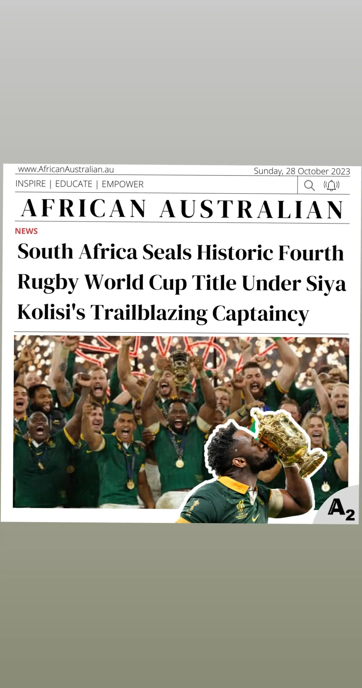 Historic Fourth Title:  - South Africa clinched a record-breaking fourth Rugby World Cup title by defeating New Zealand 12-11 in the final on October 28, 2023. Back-to-Back Victory under Siya Kolisi:  - Captain Siyamthanda Kolisi 'Siya' Kolisi, South Africa’s first black rugby captain, led the nation to a historic back-to-back Rugby World Cup victory, becoming the second captain to achieve this feat. His leadership was a continuation of the legacy he began in 2019, when he hoisted the Webb Ellis Cup aloft in Japan, symbolizing a significant step toward racial inclusivity and unity in South African rugby. Semifinal Comeback:  - Demonstrated resilience by overcoming a nine-point deficit to secure a 16-15 victory against England in the semifinals. Thrilling Quarterfinal:  - Edged out host nation France in a nail-biting 29-28 win in the quarterfinals. Strong Group Stage Performance:  - Advanced from Pool B to the knockout stage with wins over Scotland, Romania, and Tonga, notwithstanding a loss to Ireland. Continued Global Dominance:  - The 2023 victory marked a reiteration of South Africa's enduring excellence in global rugby, reflecting a continuation of their strong performance on the world stage since the 1995 finals. . . #AfricanAustralian #springboks #southafrica #rugby #rugbyworldcup #rugbyworldcup2023 #siyakolisi #rwc #rwc2023 #rwcfinal2023 