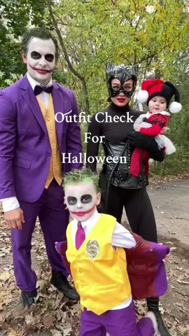 Ready to cause trouble in Gotham! #outfitcheck #familyoutfits #familycostumes #jokercostume #harleyquinn #catwoman #familyoutfitcheck 
