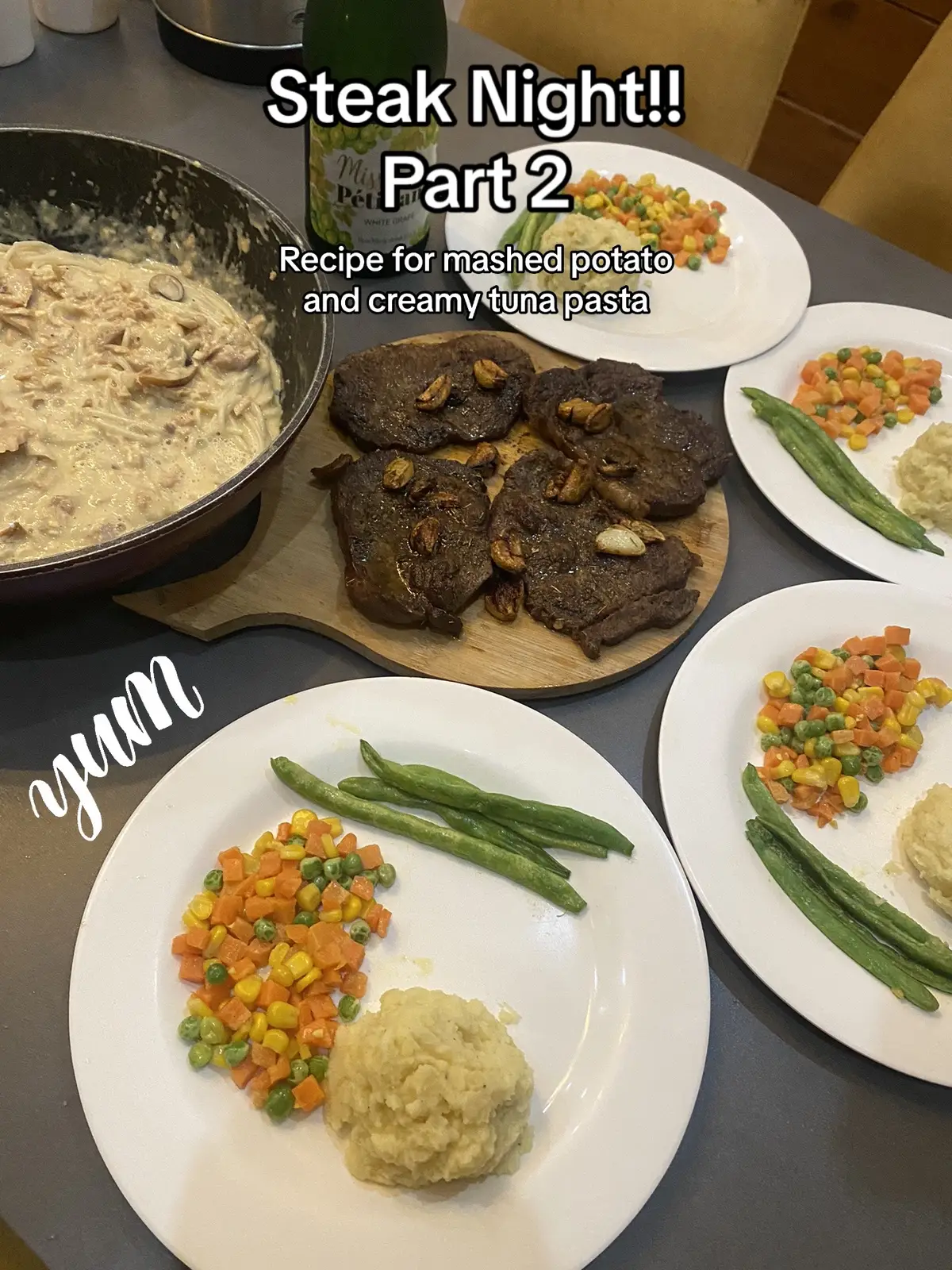 MASHED POTATO AND TUNA PASTA! #fyp #foryou #steaknight #steaktiktok #steakathome #fancydinner #staycation #flatironsteak #tunapasta #mashedpotatoes 