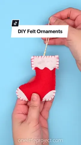 Get into the Christmas spirit with these DIY felt ornaments! Use our FREE felt ornament patterns to make these adorable Christmas decorations. They’re super festive and SO EASY to make! 🎄☃️⭐️ #ontheblog #onelittleproject #feltcrafts #feltcraftprojects #craftsforkids #christmaskidscraft 