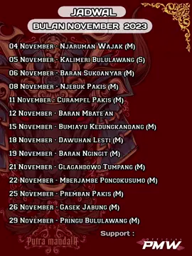 info info!!! Jadwal Putra Mandala Wisanggeni Bulan November... Catat Boskyuu... 🤗 #jadwalputramandala #putramandalawisanggeni #putramandalaofficial #wisanggeni #fyp #mandalas #mandalaz #well #jingleputramandala 
