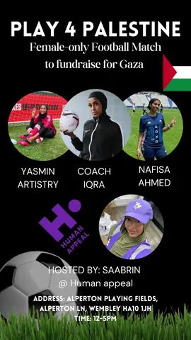 Salaams girls exciting news...a On Saturday 11th November we have the biggest sisters only football tournament in aid Palestine. It's in collaboration with @iqra @Yasmin Artistry  12-5PM entry is free but a fundraising target of £50 which I'll support you with • Wembley Goals To sign up to play go to the link in my bio it only takes 2 mins and fill in the form! There is a maximum of 150 girls so sign up and spread the word to enjoy 