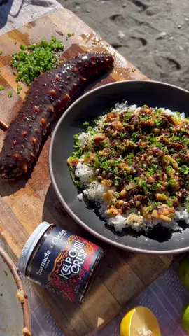 Have you ever tried sea cucumber?! Matt and @outdoorcheflife caught us some lunch for a beach picnic. Marinated sea cucumber on top of rice with Barnacle Kelp Furikake Seasoning + Kelp Chili Crisp all wrapped up in a crispy seaweed cone.  #alaska #seaweed #kelp #seafood 