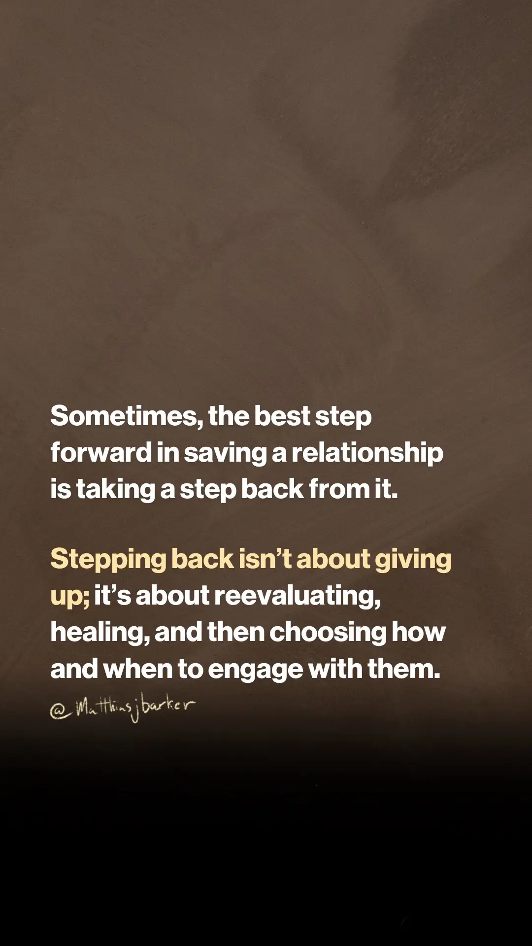 Stepping back from a relationship doesn’t always mean giving up on the other person. Sometimes it’s a conscious choice made to preserve the relationship. Think of it like this: When conflict is high and discussions feel like they’re getting worse and worse, getting some distance not only allows your emotions to settle, but it creates an opportunity to view the relationship more objectively. You might need space to reevaluate what you truly need from the relationship and reflect on what changes are essential for the relationship to thrive. This period of separation is more about healing, understanding, and evaluating your part before attempting to mend the dynamics between you and the other person. Because this way, when you return to the relationship, it's with a renewed perspective and a deeper understanding of how to move forward in a way that is genuinely healthy and fulfilling for both individuals involved. It’s a powerful choice that speaks volumes about your commitment—not just to the relationship but to yourself. #toxicrelationships #takingabreak #boundariesarehealthy #healthyrelationships #relationshipadvice #healingprocess #timeforyourself #selfcarejourney 