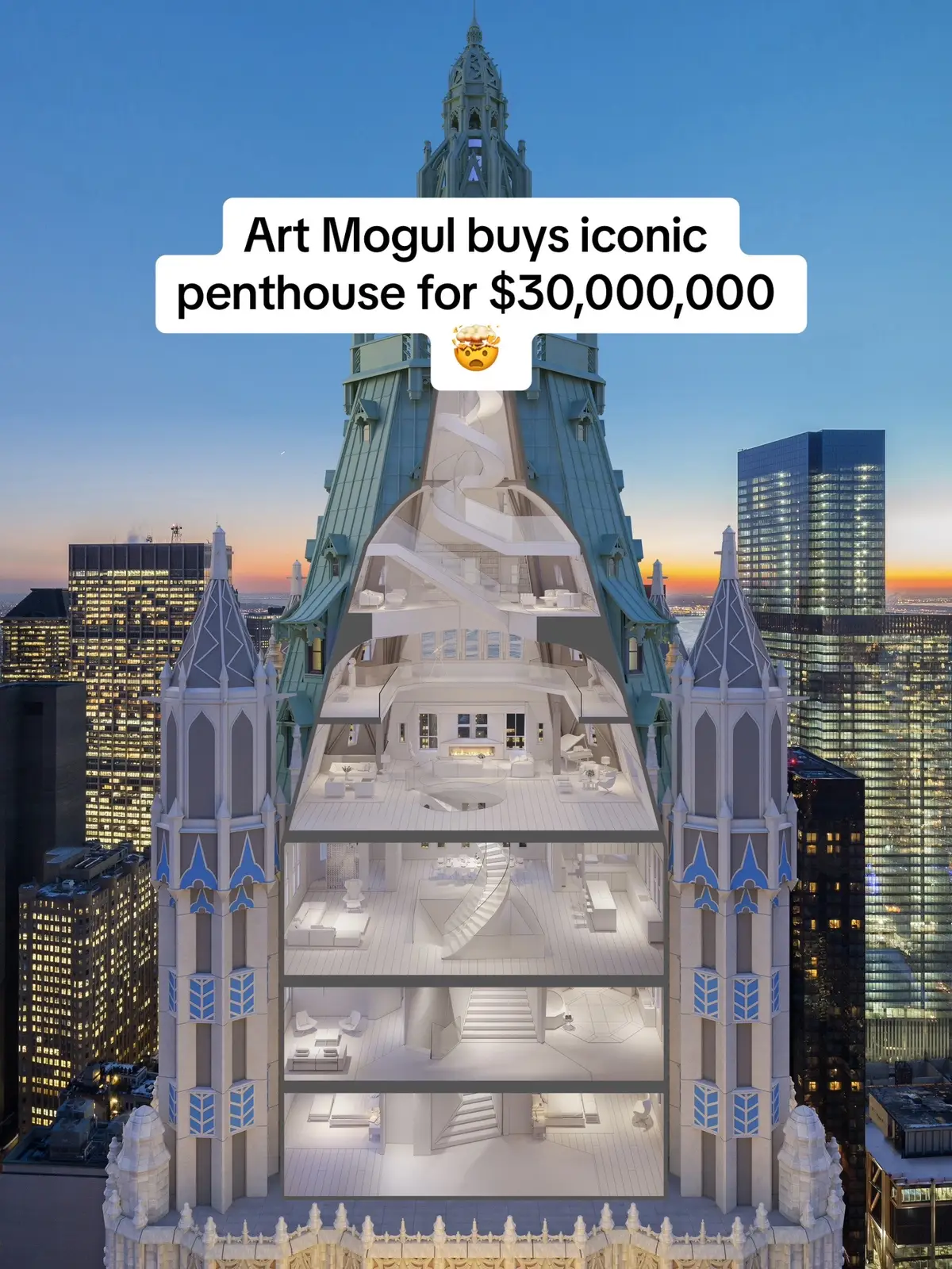 This penthouse offers a private 408-square-foot observatory terrace, 125 windows, 24-foot-ceilings, and an in-residence private elevator!!🔥 #penthouse #milliondollarslistings #nycpenthouse