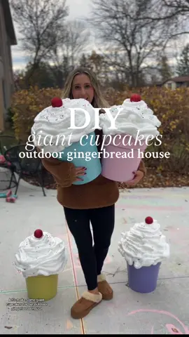 OPERATION GINGERBREADHOUSE HAS BEGUN! DIY giant cupcakes for our outdoor gingerbread house / candyland theme. I have dreaming this up for years and we are finally doing it. First on the list were the cupcakes. They turned out so cute! I have quite a few more things on my list and this project will probably take me a couple weeks because im a busy mom but im soo excited about it and cant wait to share it all! Items used and eveything was from home depot: Mop buckets  Spray paint  Spray foam: locktite gap filler in white Ornaments + beads   #gingerbreadhouse #gingerbread #outdoorgingerbread #outdoorchristmasdecor #christmasdecor #christmasdiy #christmasdiydecor #gingerbreadhouses #diygingerbreadhouse #christmasdecorating #outsidechristmasdecor #outsidechristmaslights 