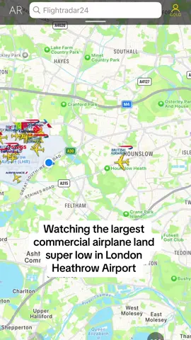 A380, currently the largest passengers airplane landing in London Heathrow Airport. Flight radar vs the real size. It looks much biger in the reality. Camera makes it look smaller. BA Brtitish Airways landing from San Francisco.  #a380#planespotting#planespotter#flightradar#flightradar24#airbusa380#aviation  