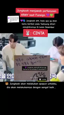 Membalas @kimtaemi_taegi Jungkook menjawab pertanyaan ARMY saat Fansign, Hanya ada CINTA tidak ada alasan lain untuk  TAEKOOK...💜💚🐰🐯👬#taehyung #jungkook #taekook 