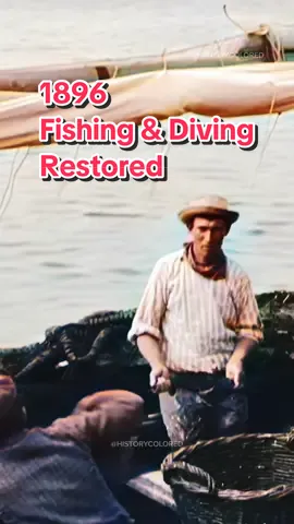 Restored footage from 1896 of men on a boat after returning from a fishing trip off the coast of Marseille, France removing sardines from their fishing nets. And the second video shows a diver in France emerging from below the water following a dive. - Footage frame rate increased, upscaled, and “colorized” by HistoryColored using AI technology. - Footage originally from: Lumière Archives - #history #fishing #diving #marseille #france #restored