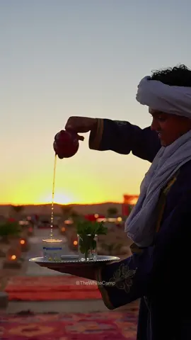 Why do Moroccans pour tea so high? Pouring tea from up high isn't just cool; it gives the tea a frothy top layer, adds bubbles for aeration, and makes every sip bubbly and textured. As a guest in Morocco, you'll always find a glass of sweet, honey-colored Moroccan tea waiting for you! Your journey to our desert camp is a tapestry of adventure and tranquility. After a mesmerizing camel ride through the shifting hues of a desert sunset, you'll be greeted with the warm embrace of 