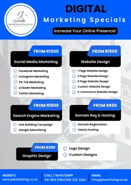 Digital Marketing Specials😁 www.jasvertising.co.za  Increase Your Online Presence with our #Marketing and #Branding Packages!!! 📈 🔹Social Media Marketing Services From R1500 Facebook Marketing  Instagram Marketing Tik Tok Marketing  LinkedIn Marketing  Twitter Marketing 🔹Website Design Services From R1500 - 1 Page Website Design  - 2 Page Website Design  ﻿- 5 Page Website Design  - Custom Website Design - E-Commerce Website Design  - Digital Invitations  🔹Domain Registration & Hosting Services From R850 * only offered with website design packages  🔹Search Engine Marketing Services From R1500  - Link Building Campaign - Google Advertising 🔹Graphic Design Services From R300  - Logo Design - Letterhead Design - Business Card Design - Social Media Graphics - Flyer Design/Banners/Pamphlets - Invitation Design - Menu/Pricelist Design - Video Animations - Custom Designs Call/WhatsApp us for more information: 081 885 5180 / 066 226 3284  info@jasvertising.co.za  www.jasvertising.co.za  #jasvertisingsolutions #digitalmarketingagency #socialmediamarketing #websitedesign #webdesign #searchengineoptimization #SEO #graphicdesign #marketing #advertising #ecommerce #business #branding #blackfriday #blacknovember #southafrica