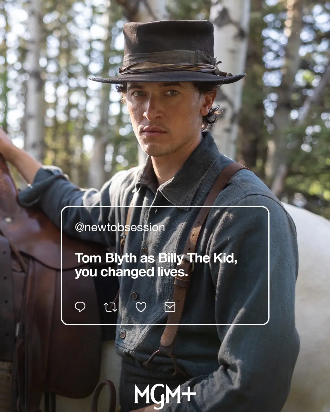 Need more Tom Blyth in your life? Don’t miss him as the infamous Outlaw, #BillyTheKid! Catch up now on #MGMplus. #outlaw #wildwest #tomblyth #tv #series 