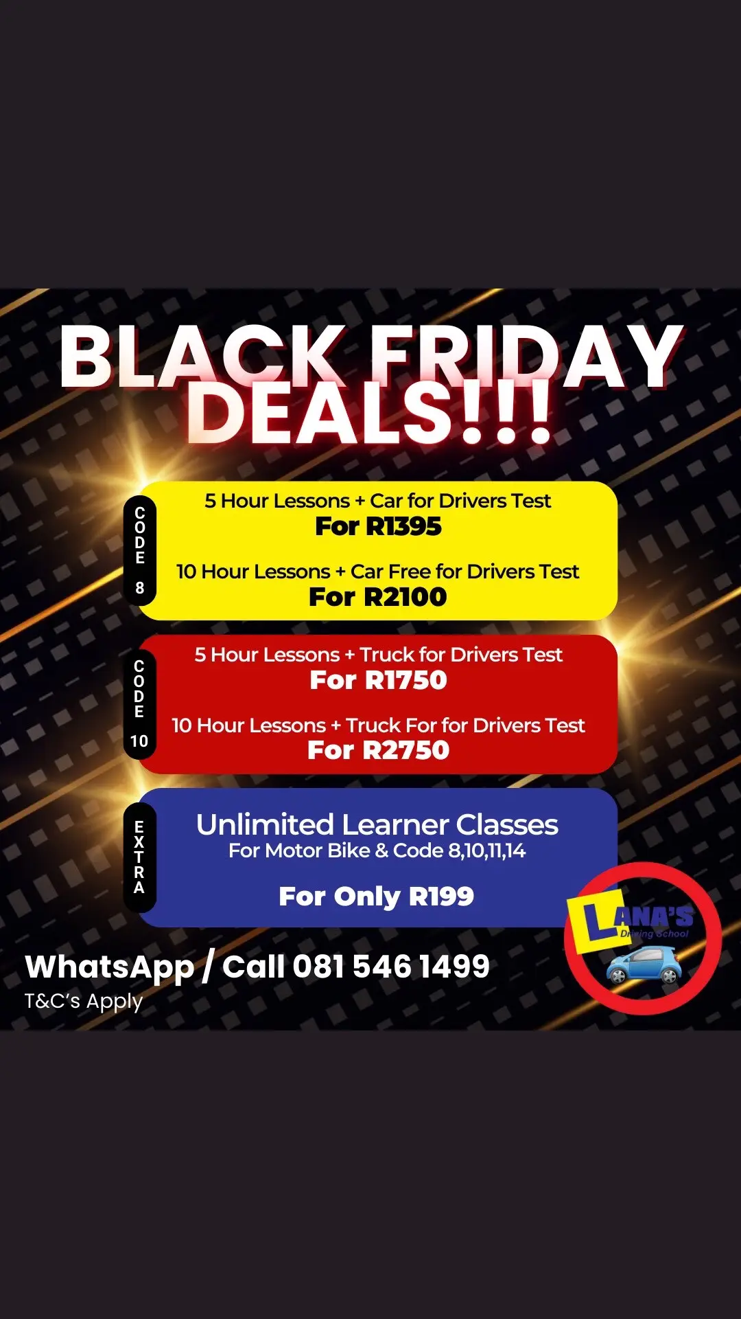 Black Friday Special Coming In Hot!!! Call or WhatsApp us at 081 546 1499 LEARN TO DRIVE - WE SERVICE MOST AREAS IN CAPE TOWN - GET YOUR LESSONS ON CREDIT NOW!  #DrivingLessons #CapeTownDriving #LearnToDrive #CapeTown #SafeDriving #RoadSafety #NewDrivers #DrivingSchool #BehindTheWheel #DrivingInstructors #DriveSafe #RoadRules #TrafficSkills #CapeTownLife #GetYourLicense #PassYourTest #ExperiencedInstructors