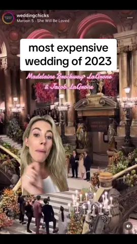 💍🎩 the most expensive wedding of 2023?! The couple was Madelaine Brockway LaGone and Jacob LaGrone… i really do think that Sofia Richie walked so Madelaine could run 🏃‍♀️🏃‍♀️ #weddingtok #weddingvibes #pariswedding #bride #weddingbudget #greenscreenvideo #greenscreen 