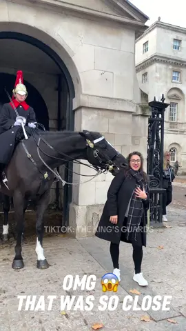 That was CLOSE!! Horse Almost GOT Her!!  #thekingsguard #horseguardsparade #changingoftheguards #horse #foryourpage #tiktokviral #tiktokuk #tiktokbeta #fyp #foryou #fyupageシ #fanpage #tourists #london #trending