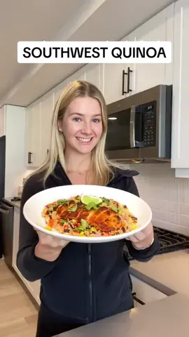 Ep 2: SOUTHWEST QUINOA SALAD 🫑🌶️😋 This is one of our favorite dinners, and it’s so easy to make! It also stores great in the fridge so I always make extra for lunch the next day 🙌 Serve it with your choice of protein, I like to do grilled chicken! This recipe makes 2 servings.  Ingredients: - 1/2 cup dry quinoa  - 1 cup water - 1 cup corn kernels - 1 cup black beans  - 1 red bell pepper, diced  - 1/2 of a red onion, diced  - 1/4 cup cilantro, diced  - 1 tbsp olive oil - 2 tbsp lime juice  - 1 tsp minced garlic  - 1/4 tsp chili powder  - 1/4 tsp salt  How to make it: - Add quinoa and water to a pot, cover and bring to a boil. Turn down heat and simmer until water has absorbed, then set aside to cool. - To a mixing bowl add cooled quinoa, corn, black beans, bell pepper, red onion, and cilantro.  - Stir together olive oil, lime juice, minced garlic, chili powder and salt. - Drizzle dressing over the salad and toss well. Enjoy! 🫶 #healthyrecipes #highprotein #highproteinrecipes #EasyRecipe #dinner #mealprep #healthyeating #healthycooking #quinoa #quinoasalad
