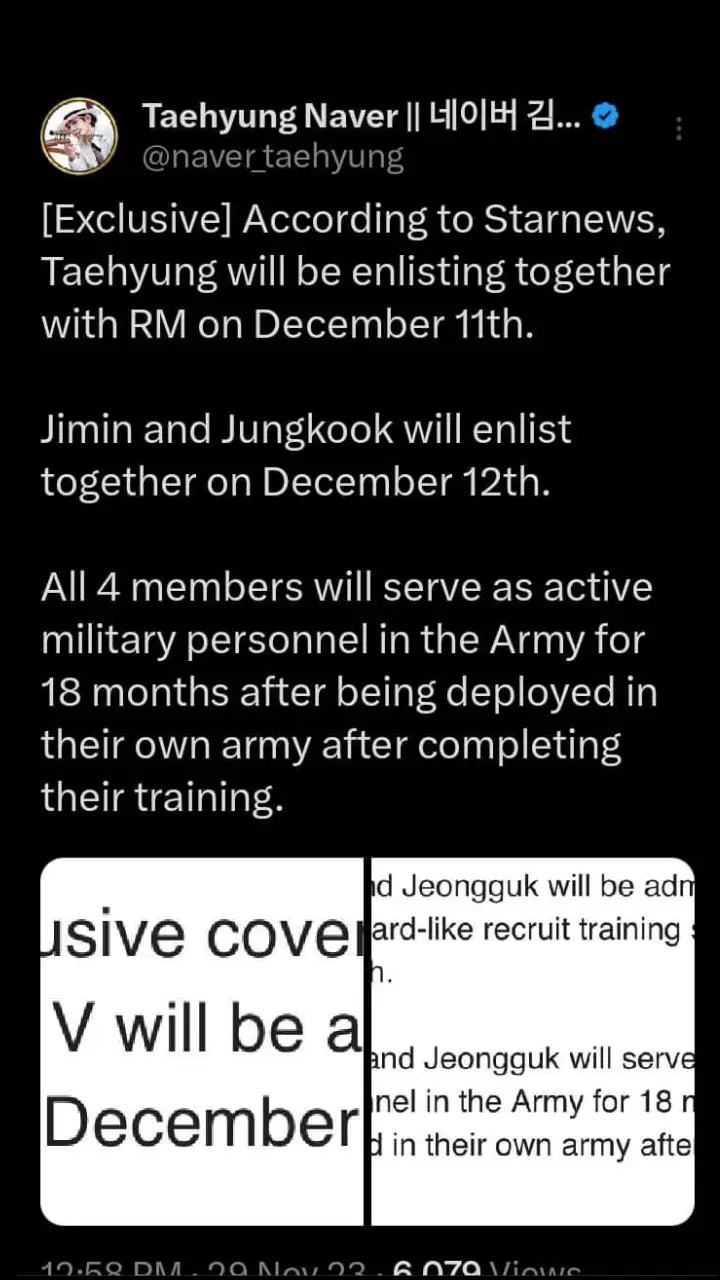 [ Exclusive ] Starnewsရဲ့ ဖော်ပြထားချက်အရ Taehyungieက Namjoon hyungနဲ့အတူ Dec 11မှာ စစ်ထဲဝင်မှာဖြစ်ပြီး Jimin နဲ့ Jungkookက Dec 12ရက်နေ့မှာဝင်မယ်လို့ ဖော်ပြထားပါတယ်  Mem 4 ယောက်စလုံးဟာ trainingကာလပြီးတာနဲ့  18လအကြာဝာာဝန်ကျတဲ့နေရာမှာ စစ်မှုထမ်းသွားရမှာဖြစ်ကြောင်းဖော်ပြလာပါတယ်  Dec 11ဆိုခွဲရပြီ ငါတို့အဖိုးတန်လေးကို Birthdayလေးလည်းမမှီတော့ဘူး 🙇🏻 Source : https://n.news.naver.com/entertain/article/108/0003198436#jhope #taehyung #jungkook #taekook🐯🐰💚💜🤟 #Taekook💚💜 #taekook🐯🐰💚💜🤟 #sandar859597 