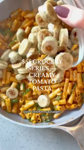 welcome back to my series where I’m turning a single $55 grocery list into 5 easy, healthy gluten-free & dairy-free meals — each recipe serves 3-4 & this is recipe #3! 💕 as a reminder, grocery list is in the caption of the first video! ingredients: - 2 tbsp olive oil  - 12oz chicken sausage, sliced (I use garlic flavor)  - 1 shallot, finely chopped - 3 garlic cloves, minced  - 1 tsp salt + additional to taste - 1/2 tsp black pepper - 1 tsp dried basil  - 1 tsp dried oregano - 1/4 tsp red pepper flakes (optional)  - 3 tbsp tomato paste - 12oz gluten-free pasta (~1 + 1/2 cups), cooked - 1/2 cup veggie broth (can sub chicken broth)  - 1/2 cup water - 1/2 13.5oz can full-fat coconut milk (about 3/4 cup) - 1/2 6oz bag baby spinach heat the olive oil on a large skillet over medium heat, then add the sliced chicken sausage to crisp, about 5 minutes each side. remove the chicken sausage from the pan and set aside. boil a pot of water. in the same pan, add the shallot and sauté, stirring frequently, for 4-5 minutes. add the minced garlic and cook for another minute, then mix in the salt, black pepper, basil, and oregano. let the spices get aromatic, about 2-3 minutes while stirring, then add the tomato paste. stir to incorporate the tomato paste into the shallot and garlic mixture. continue stirring until it turns dark red and easily spreads, about 3 minutes. meanwhile, add the pasta to the pot of boiling water and cook 7-9 minutes, until al dente. pour the veggie broth and water into the pan with the tomato paste mixture and mix to combine. bring to a simmer, then pour in the coconut milk. mix well and bring back to a simmer, continuing to stir until the sauce is a uniform mixture. reduce heat to low. drain the pasta. mix in the baby spinach to the sauce and allow it to fully wilt. add the cooked pasta and coat all of it in sauce. add back the chicken sausage. for best results, serve immediately. enjoy!! 💕 #budgetshopping #groceriesonabudget #groceryshopping #groceryshop #groceryhaul #mealprep #mealprepping #mealprepideas #grocerylist #mealsonabudget #healthyonabudget #easyhealthyrecipes #glutenfreerecipes #dairyfreerecipes #traderjoes 